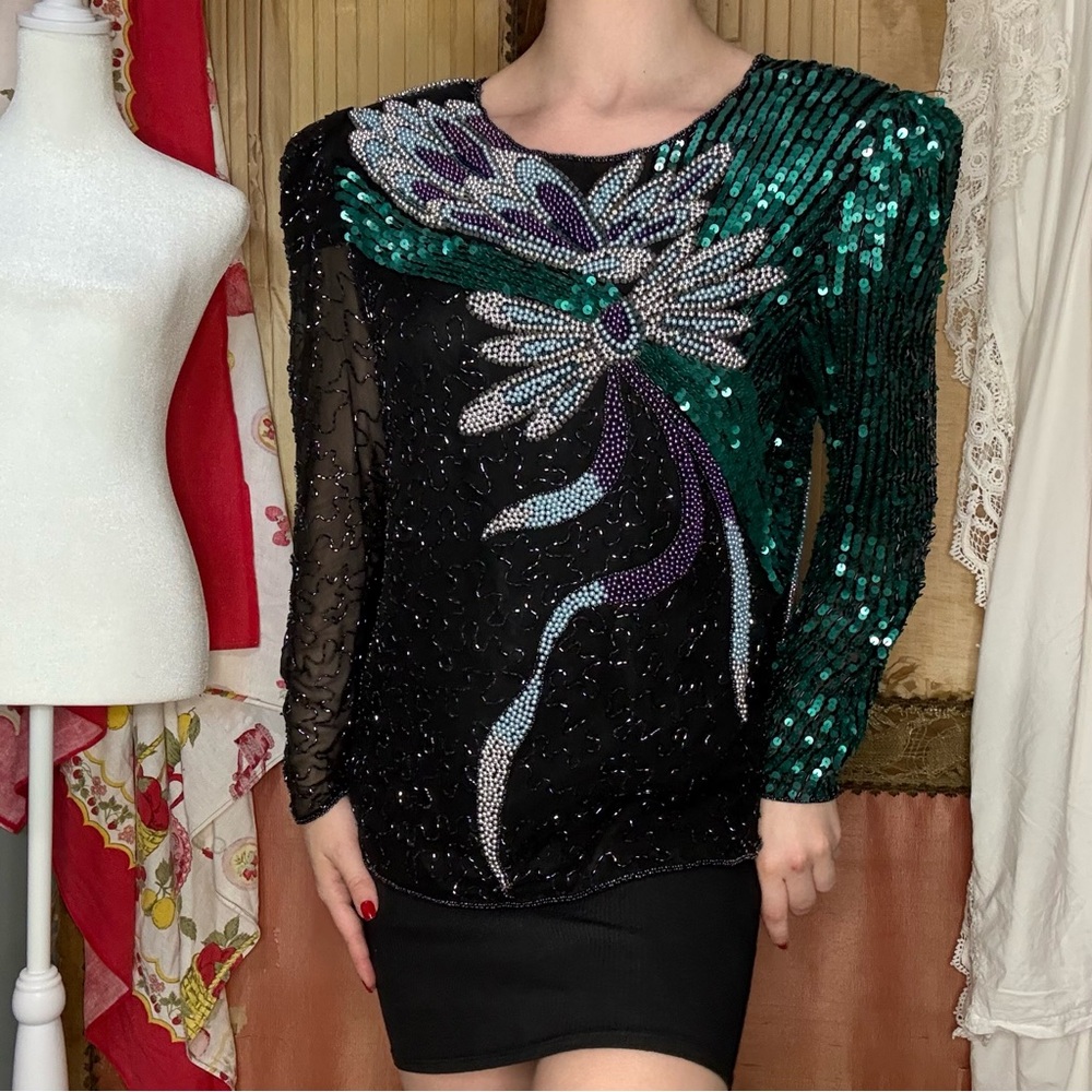 Vintage 80’s Sho Max Originals Black and Green Sequin Top